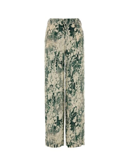 PT Torino Green Printed Satin Lorenza Wide-Leg Pant