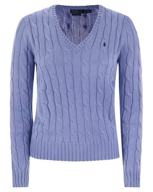Polo Ralph Lauren Blue Plaited Cotton V-Neck Sweater