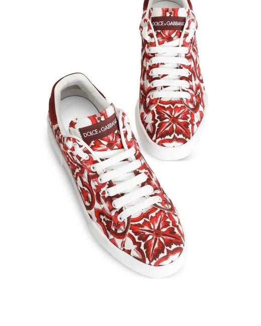 Dolce & Gabbana Red Dolce & Gabbana Portofino Canvas Sneakers With Majolica Print for men