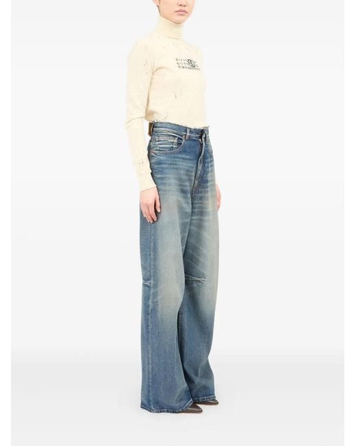MM6 by Maison Margiela Blue High-Waisted Wide Leg Jeans With Frayed Waistband