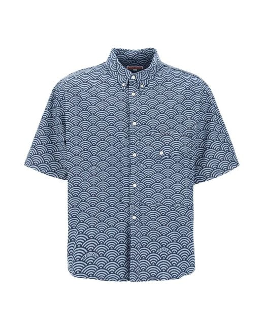 KENZO Seigaiha Short Sheved Denim Shirt Met Korte Mouwen in het Blue voor heren