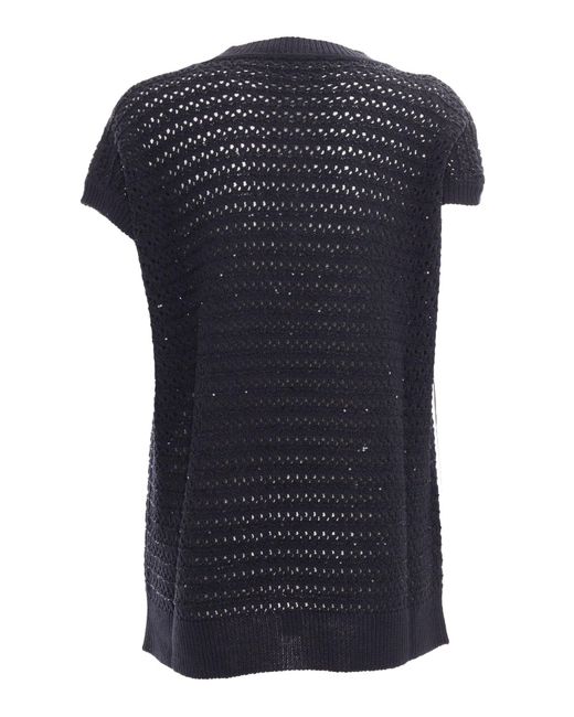 Fabiana Filippi Blue Sequin Striped Crochet V Neck Cape Sleeve Sweater