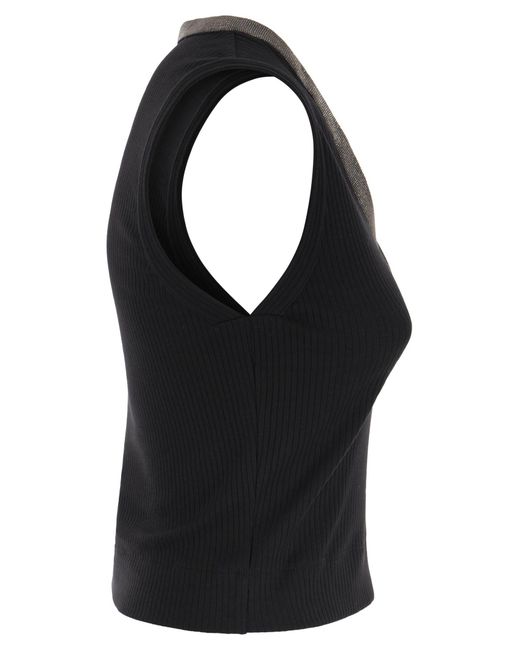 Stretch Cotton Rib Jersey Top con colletto luccicante di Brunello Cucinelli in Black