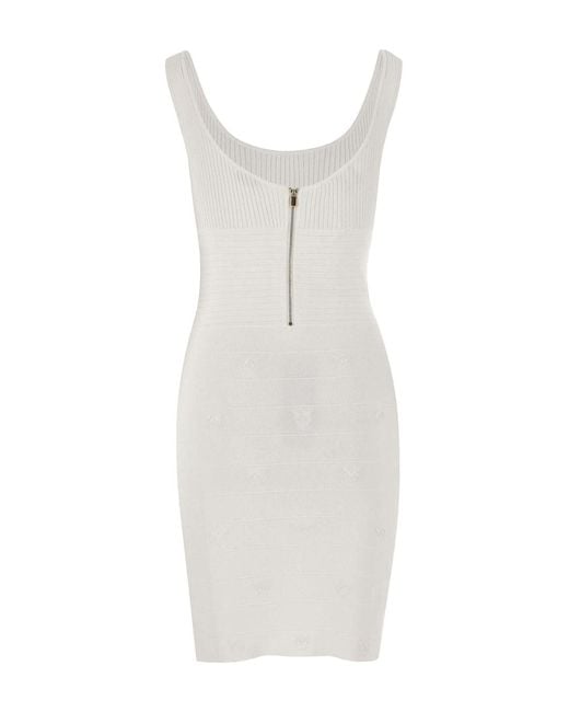 Pinko White Ribbed Bodycon Dress With Button Detail And Zip Closure