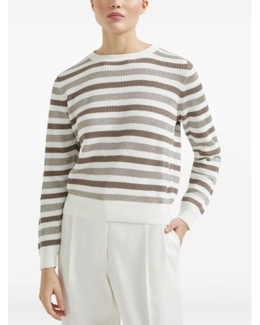 Brunello Cucinelli White Striped Cotton Crewneck Sweater