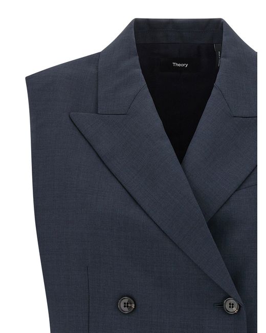 Theory Blue Slightly Cropped Double-Breasted Vest With Peak La