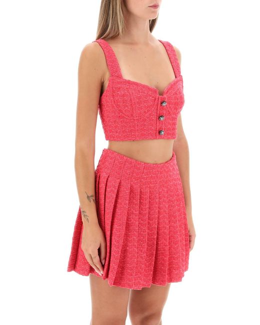 Top corto de tweed boucle con botones de strass de Self-Portrait de color Pink