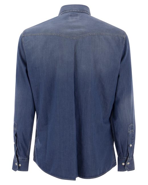 Brunello Cucinelli Blue Easy Fit Shirt In Light Denim With Press Studs