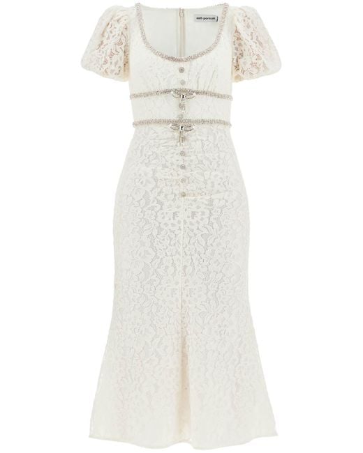 Self-Portrait White "Floral Lace Midi Dress With Crystal Embell