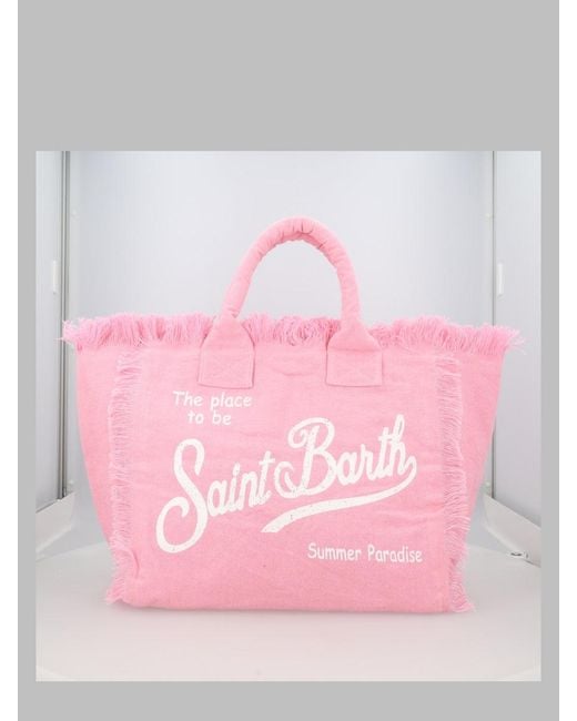 Mc2 Saint Barth Pink Fringed Linen Beach Tote Bag