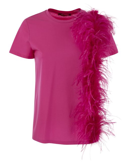 Max Mara Studio Pink Lappole Jersey T -Shirt mit Federn