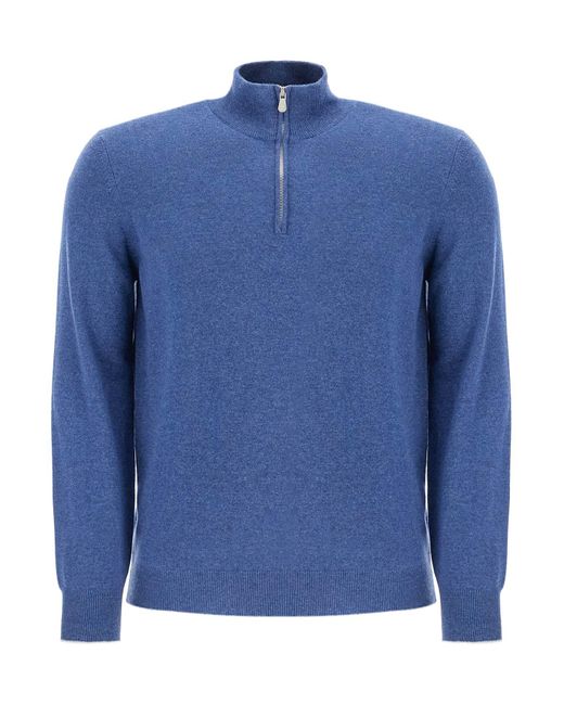 Brunello Cucinelli Blue High-Neck Cashmere Pullover Sweater for men