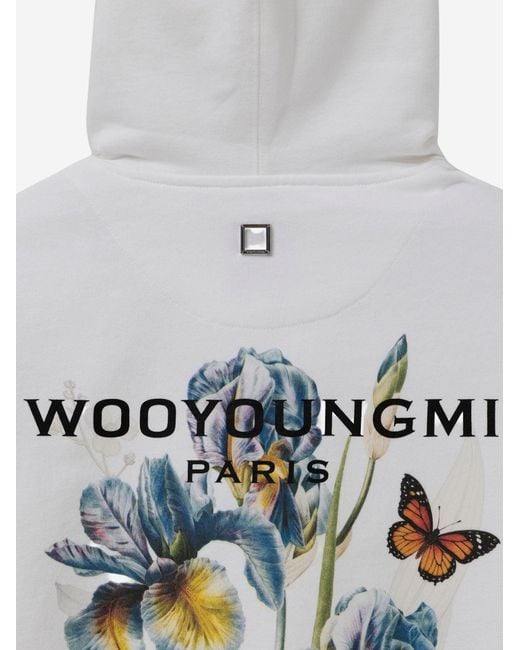 Wooyoungmi White Cotton Hoodie With Drawstring Hood And Floral Graphic for men