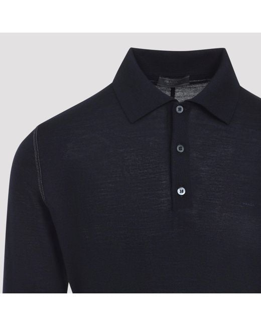 Prada Blue Wool Virgin Wool Knit Polo Sweater for men
