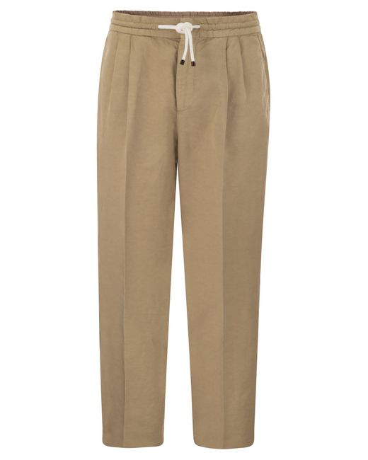 Ajuste les pantalons en lin et gabardine en coton Brunello Cucinelli pour homme en coloris Natural