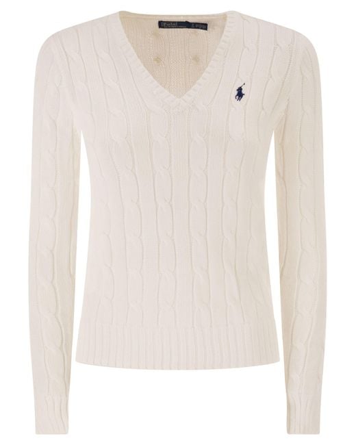 Polo Ralph Lauren White Cotton Cable Knit Jumper With V-Neck