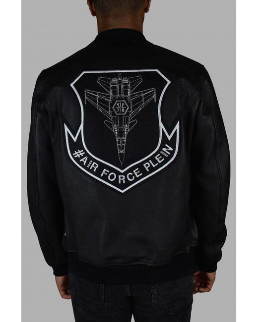 Philipp Plein Black Leather Bomber Jacket With Crest