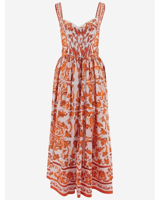 Dolce & Gabbana Red Long Cotton Poplin Dress With Majolica Print