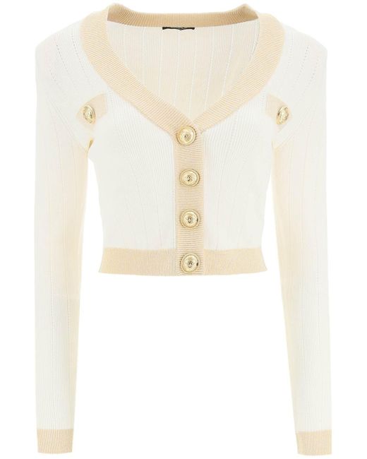 Balmain Cropped Cardigan With Lurex Trims in Natural | Lyst