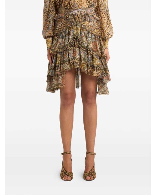 Etro Brown Paisley-Printed Asymmetric Ruffled Skirt