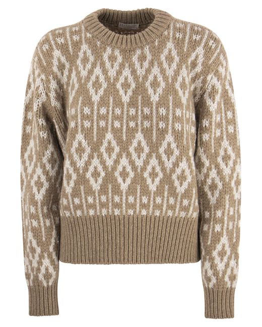 Brunello Cucinelli Brown Dazzling Vintage Jacquard Cashmere Sweater Feather