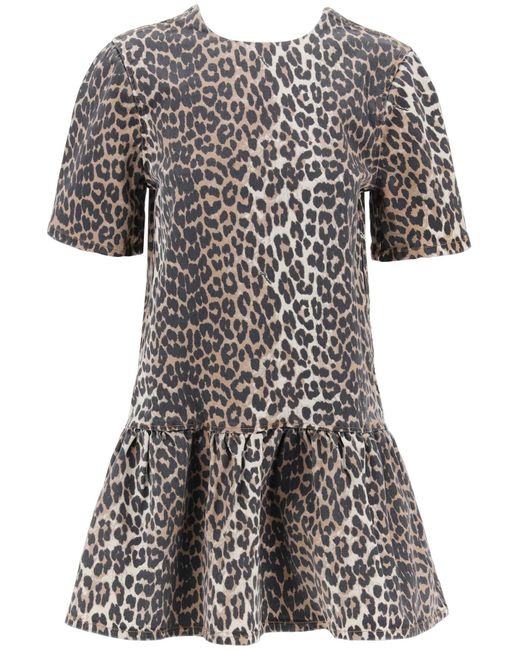 Ganni Black Leopard Print Denim Mini Kleid