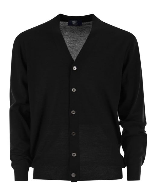 Fedeli Black Lightweight Virgin Wool Cardigan for men