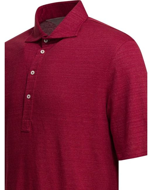 Brunello Cucinelli Red Mélange Jersey Linen Cotton Polo Shirt