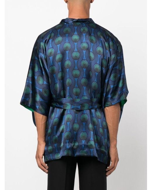 OZWALD BOATENG Blue Printed Silk Short Kimono for men