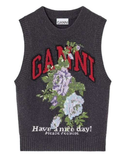 Ganni Gray Flowers Wool Vest