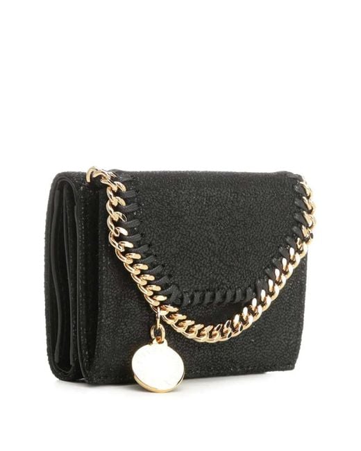 Stella McCartney Black Falabella Tri-Fold Wallet With Chain Trim
