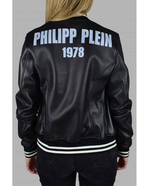 Philipp Plein Black Leather Bomber Jacket With Heart