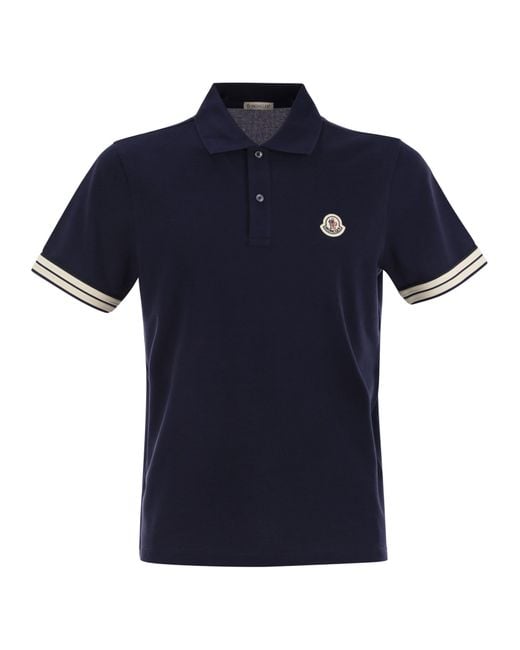 Moncler Blue Cotton Pique Polo Shirt With Striped Hemline for men