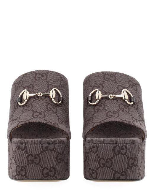 Gucci Brown Fabric Wedge Sandal "Gg"