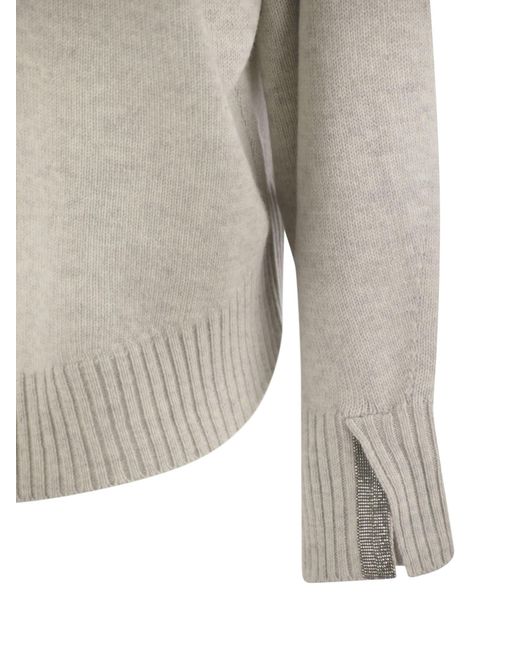 Brunello Cucinelli Gray Cashmere Chimney Neck Sweater With Shiny Cuff Details