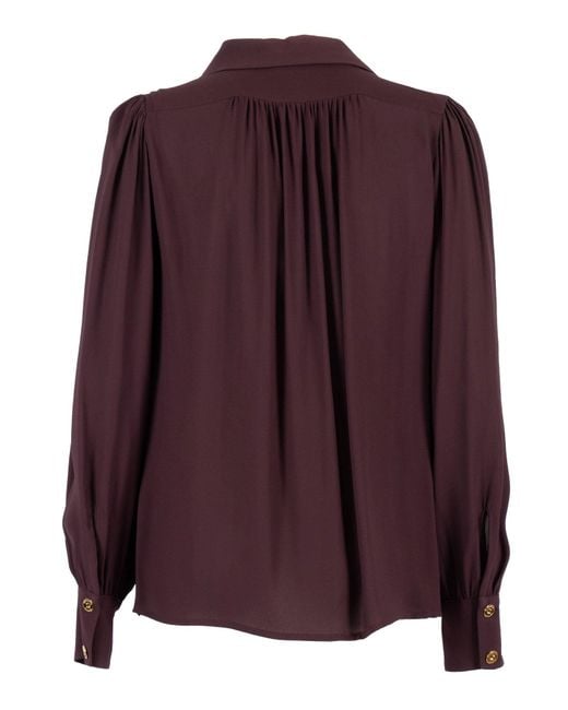 Elisabetta Franchi Purple Burgundy Blouse With Deep V-Neck And Pleated Detailing