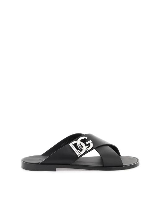 Dolce & Gabbana Black Leather Sandals With Dg Logo for men