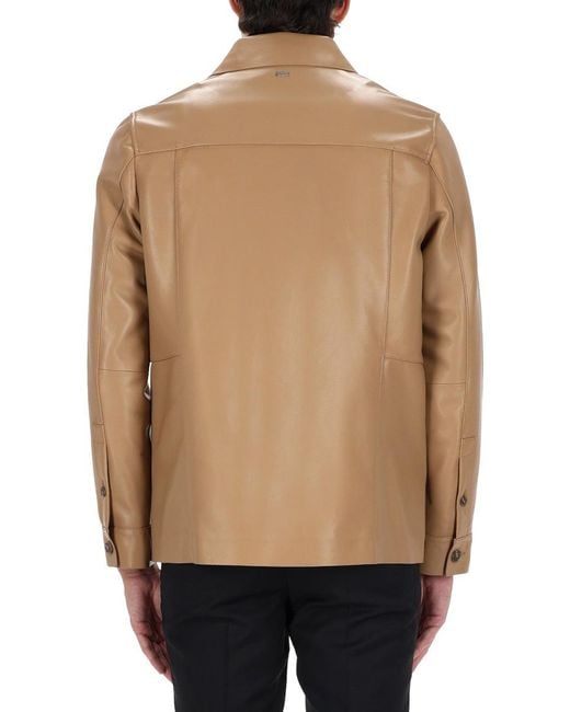 Boss Natural Leather Shirt Jacket With Flap Pockets