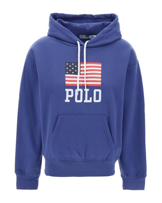 Polo Ralph Lauren Blue Kapuzen -Sweatshirt mit Flaggendruck