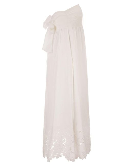 Max Mara White Strapless Linen Dress With Embroidered Hem