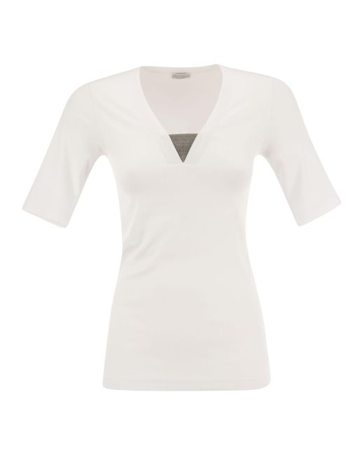 Brunello Cucinelli White Stretch Cotton Rib Jersey T -Shirt mit kostbarem Einsatz