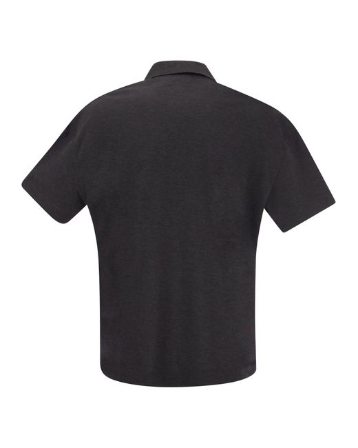 Brunello Cucinelli Black Lightweight Cotton Jersey Polo Shirt With Precious Button Tab