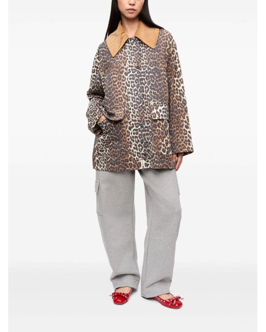 Ganni 'leopard Printed Canvas Midi' Jas in het Brown