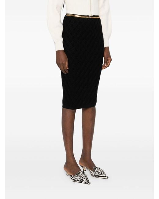 Elisabetta Franchi Black Knit Diamond-Pattern Skirt With Jewel Detail