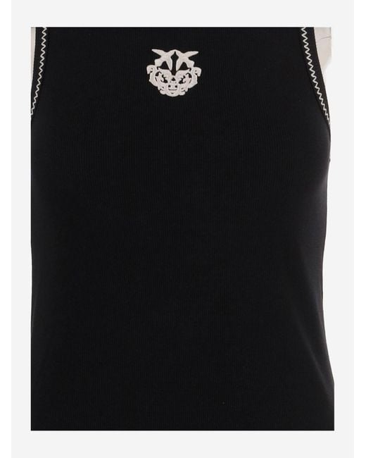 Pinko Black Ribbed Tank Top With Love Birds Embroidery
