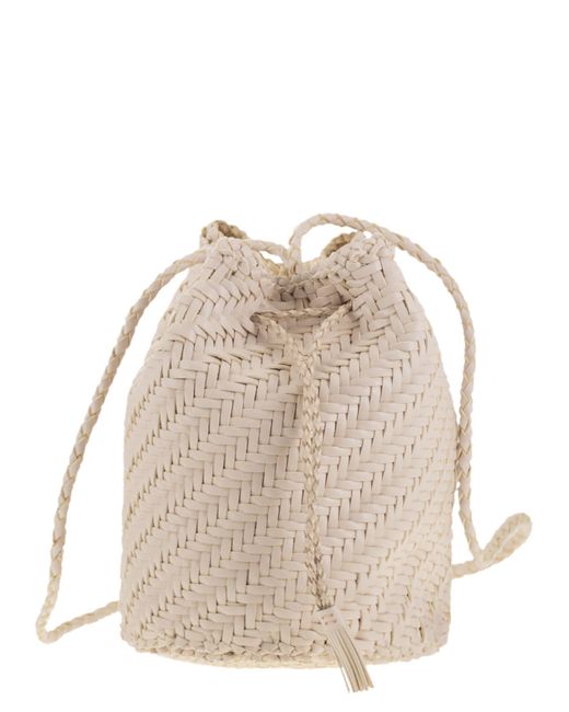 Dragon Natural Pompom Double Jump Bucket Bag With Woven Leather