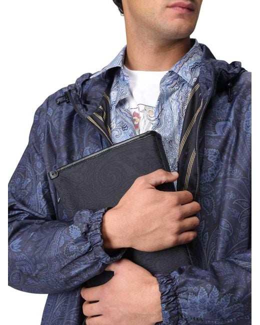 Etro Blue Large Jacquard Nylon Pouch for men