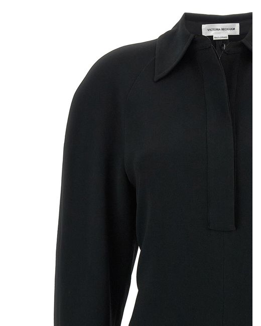 Victoria Beckham Black 'Long Sleeve Polo Kragen Midi' Kleid