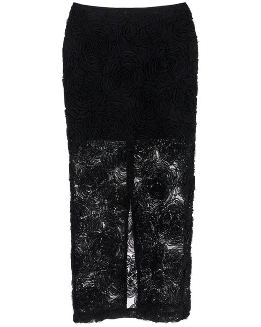 ROTATE BIRGER CHRISTENSEN Black Drehen Sie schwarze recycelte Polyester -Floral -Netzstiftrock