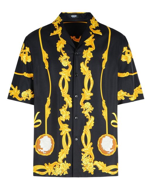 Versace Black Shirt With Cuban Collar And All-Over Graphic Print for men